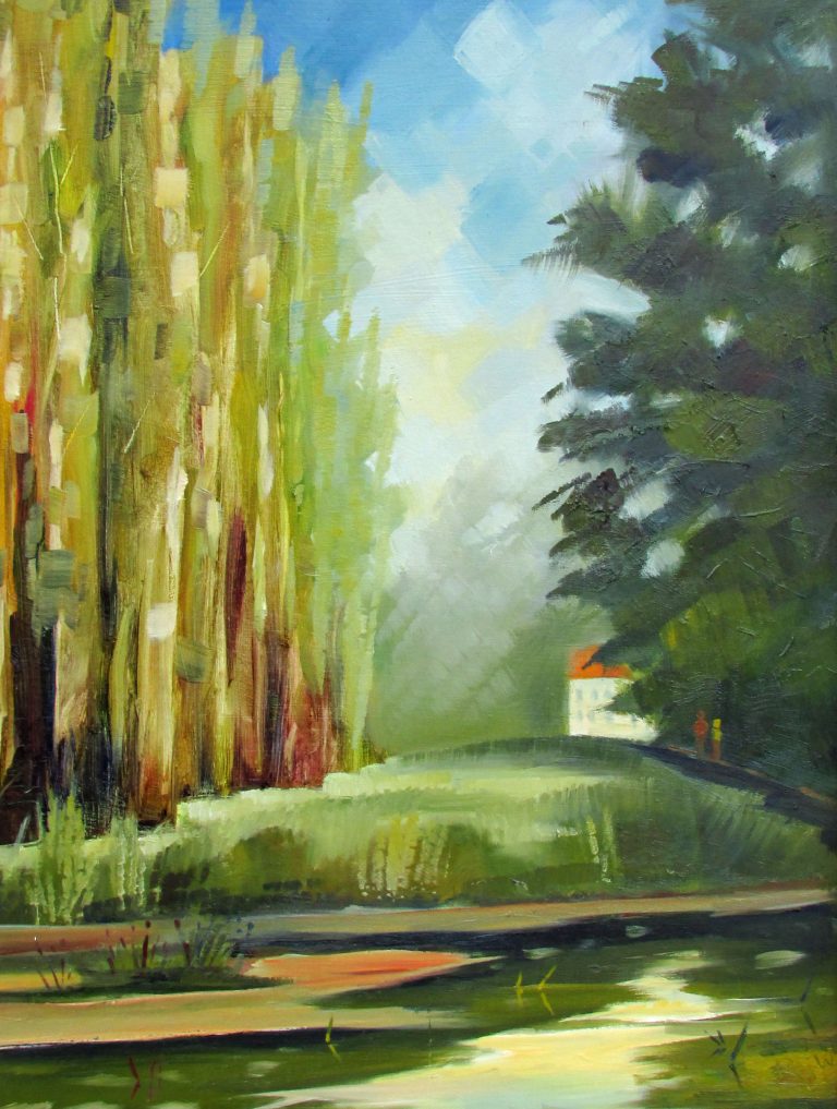 Robert Wells - Lode Mill with Poplars - oil - (image 14x18in) £110